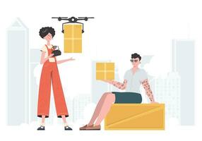 das Konzept von Ladung Lieferung. das Quadcopter ist Transportieren das Paket. Mann und Frau mit Karton Boxen. Vektor Illustration.