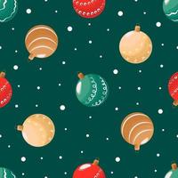 sömlösa mönster julgranskulor på en grön bakgrund och snö. platt vektorillustration för omslagspapper eller gratulationskort för nytt år vektor