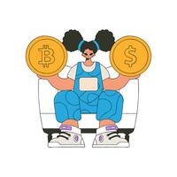 ein Frau hält ein Münze von Bitcoin und Dollar im ihr Hände. Charakter modisch Stil. vektor