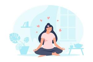 kvinna sitter i lotus pose hemma med växt, tekanna, böcker, hjärtan. kvinnlig öva yoga. vektor platt illustration. begreppet egenvård och hälsosam livsstil för banner, målsida, kort