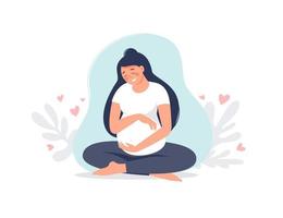 Schwangere Frau sitzt im Lotussitz isoliert auf grün. Schwangerschaftsfrau, die Yoga praktiziert. flache Vektorgrafik. Konzept der Mutterschaft und eines gesunden Lebensstils für Banner, Landing Page, Karte vektor