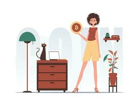 de begrepp av brytning och extraktion av bitcoin. en kvinna innehar en bitcoin i henne händer i de form av en mynt. karaktär med en modern stil. vektor