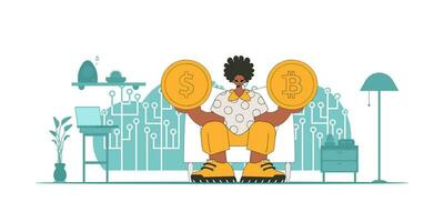 ein Mann ist halten ein Dollar und Bitcoin Münze. Thema von Interaktion mit Digital Geld Vermögenswerte. vektor