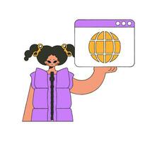 en ljus och eleganta illustration av en kvinna innehav en browser fönster i henne händer. material för pedagogisk innehåll. vektor