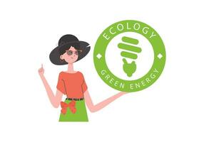 de flicka innehar de eco logotyp i henne händer. de karaktär är avbildad till de midja. de begrepp av ekologi och grön energi. isolerat. trendig stil. vektor illustration.