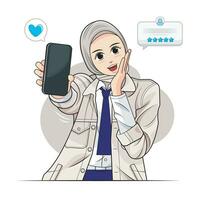 Hijab wenig Kind, Schule Mädchen. ein jung Mädchen ein Hijab ist mit ihr Telefon zu erhalten Kunde Rückmeldung. Vektor Illustration Profi herunterladen