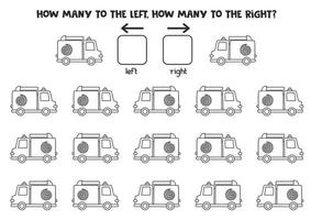 vänster eller höger med svartvit brandbil. logiskt kalkylblad för förskolebarn. vektor