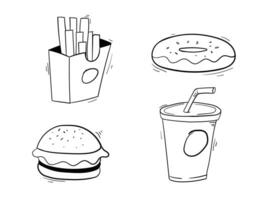 schnell Essen Symbole Satz. Burger, Krapfen, Französisch Fritten, Papier Tasse mit trinken. Hand gezeichnet schnell Essen vektor
