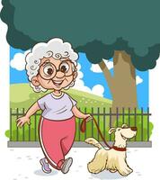 Alten Frau Spaziergänge mit ihr Hund im das Park. Karikatur Vektor Illustration von ein weiblich Person.