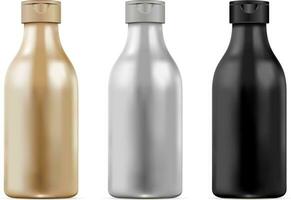 3d realistisk flaska uppsättning för schampo, gel. kosmetisk attrapp uppsättning svart och vit. vektor illustration.