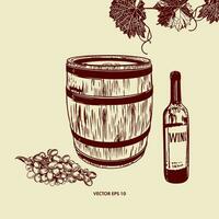 tunna och flaska av vin, vindruvor, druva löv. vektor illustration i grafisk stil. design element för etiketter, banderoller, flygblad.
