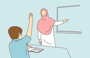 das Lehrer im das Hijab fragte das Studenten. Studenten erziehen ihr Hände zu Antworten Fragen. Illustration von ein Lehrer Lehren vektor