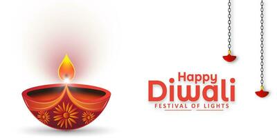 glücklich Diwali Festival Feier schön Diwali Diya Öl Lampe Banner Design auf Weiß Hintergrund. vektor