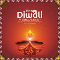 glücklich Diwali Festival von Beleuchtung Gruß Karte Design mit Diya Öl Lampe mit Feuerwerk auf rot Hintergrund. vektor