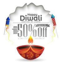 Lycklig diwali befordran försäljning baner design mall. diwali diya olja lampa med smällare på vit bakgrund på diwali festival. vektor illustration