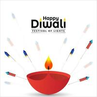 indisch Festival glücklich Diwali Hintergrund, Diwali oder Deepavali mit Verbrennung Diya und Feuerwerk auf Weiß Hintergrund. Vektor Illustration.
