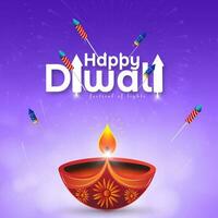diwali festival hälsning kort design med diya olja lampa på blå bakgrund med bokeh effekt. vektor