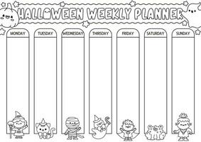 Vektor schwarz und Weiß Halloween wöchentlich Planer mit traditionell Urlaub Symbole. süß Herbst alle Heilige Tag Kalender oder Zeitplan zum Kinder. unheimlich Trick oder behandeln Färbung Poster mit kawaii Hexe