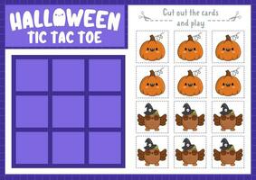 Vektor Halloween tic tac Zehe Diagramm mit Kürbis und Eule. Samhain Party Tafel Spiel spielen Feld mit süß kawaii Figuren. komisch Herbst Urlaub druckbar Arbeitsblatt. Nullen und Kreuze Gitter