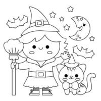 Vektor schwarz und Weiß kawaii Hexe Stehen mit Besen und schwarz Katze unter das Hälfte Mond und Sterne. Halloween Linie Szene mit süß Mädchen. alle Heilige Tag Illustration. Trick oder behandeln Färbung Seite