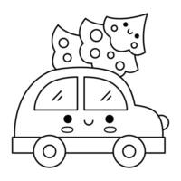 Vektor schwarz und Weiß kawaii Auto mit Weihnachten Baum. süß Winter Automobil Illustration isoliert auf Weiß. Neu Jahr Transport mit dekoriert Tanne Baum. komisch Linie Symbol, Färbung Seite