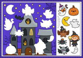 Vektor Halloween Schnitt und kleben Aktivität. basteln Spiel mit süß kawaii Szene mit verfolgt Haus. Spaß druckbar Arbeitsblatt zum Kinder. finden das richtig Stück von das Puzzle. Komplett das Bild