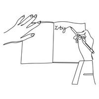 Single kontinuierlich Linie Zeichnung von Hand Geste Schreiben auf ein öffnen Hinweis Buch zu schreiben Geschäft Entwurf. schreiben Geschäft Tagebuch Konzept. modisch einer Linie zeichnen Grafik Design Vektor Illustration.