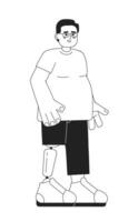 Übergewicht Mann mit Prothese Bein schwarz und Weiß 2d Karikatur Charakter. glücklich Brille Mann künstlich Bein isoliert Vektor Gliederung Person. deaktiviert Erwachsene Kerl monochromatisch eben Stelle Illustration