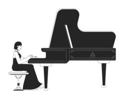 großartig Klavier Spieler weiblich schwarz und Weiß Karikatur eben Illustration. asiatisch Erwachsene Frau Pianist im Erwägungsgrund Kleid 2d lineart Charakter isoliert. klassisch Musiker einfarbig Szene Vektor Gliederung Bild
