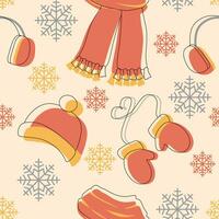 sömlös mönster med vinter- kläder. scarf, hatt, vantar och hörselkåpor på de bakgrund med snöflingor. platt och linjär stil. vektor ändlös illustration för mall, tyg, textil, baner.