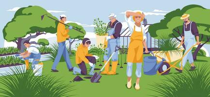 grön landskap med människor trädgårdsarbete tillsammans. växt växter. vatten. hjälp. växthus och träd. platt vektor illustration