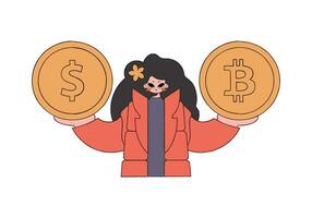 Frau halten Bitcoin und Dollar Münze. rentro Stil Charakter. vektor