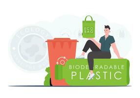 Konzept von Grün Welt und Ökologie. ein Mann sitzt auf ein Flasche gemacht von biologisch abbaubar Plastik und hält ein Öko Tasche im seine Hände. Trend Stil.Vektor Illustration. vektor