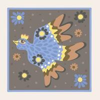 Volk Vogel unter Blumen. Boho Vektor Illustration