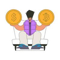 ein Mann hält ein Bitcoin und ein Dollar im seine Hände. Charakter modisch retro Stil. vektor