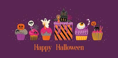 Halloween Illustration. dekoriert Cupcakes, Muffins, Gebäck, Süßigkeiten, Süßigkeiten. Vektor Design