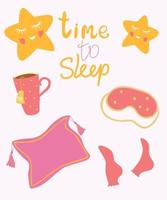 dags att sova. föremål för att sova. te mugg, stjärnor, strumpor, sömnmask, kudde. god natt sömntätt kort. vektor tecknad karaktär hand ritning stil illustration.
