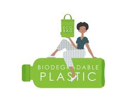 ein Frau sitzt auf ein Flasche gemacht von biologisch abbaubar Plastik und hält ein Öko Tasche im ihr Hände. Konzept von Grün Welt und Ökologie. isoliert. Trend Stil.Vektor Illustration. vektor