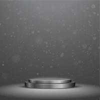 Rundes metallisches schwarzes Podium mit einem Scheinwerfer und Bokeh auf weißem Hintergrund, der erste Platz, Ruhm und Popularität. Vektor-Illustration. - Vektor