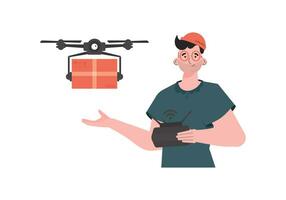 das Thema von Ladung Lieferung durch Luft. ein Mann Kontrollen ein Drohne mit ein Paket. isoliert auf Weiß Hintergrund. Vektor. vektor