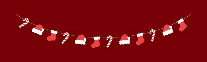 jul strumpa, santa hatt och godis sockerrör krans vektor illustration, jul grafik festlig vinter- Semester säsong flaggväv