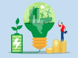 Geschäft investieren mit esg oder Ökologie Problem Konzept, Ökologie Stadt mit und sauber Energie Solar- Paneele und Windmühlen auf Licht Birne auf Grün Hintergrund. Grün Energie Technologie. eben Vektor Illustration.