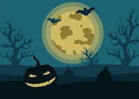 Halloween-Nachtlandschaft mit einem gruseligen Kürbis, Grabsteindenkmälern, dem Mond, Fledermäusen auf dem Hintergrund eines Vollmonds. Vektor-Illustration im flachen Stil, Banner-Vorlage vektor