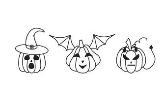 einstellen von Hand gezeichnet Vektor komisch Karikatur Kürbisse mit anders Gesichter. Design Konzept Kinder, Halloween. Gekritzel Illustration auf Weiß Hintergrund