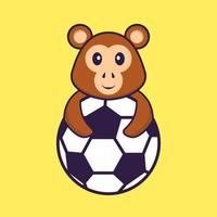 süßer Affe, der Fußball spielt. Tierkarikaturkonzept isoliert. kann für T-Shirt, Grußkarte, Einladungskarte oder Maskottchen verwendet werden. flacher Cartoon-Stil vektor