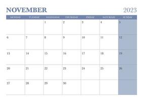 2023 November Kalender Start auf Montag, lila Farbe vektor