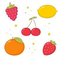 einstellen von Hand gezeichnet Früchte und Beeren. süß Früchte und Beeren im Karikatur Stil. Vektor Illustration isoliert auf Weiß Hintergrund