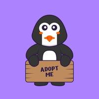 söt pingvin som håller en affisch adoptera mig. djur tecknad koncept isolerad. kan användas för t-shirt, gratulationskort, inbjudningskort eller maskot. platt tecknad stil vektor