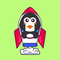 süßer Pinguin, der auf Rakete fliegt. Tierkarikaturkonzept isoliert. kann für T-Shirt, Grußkarte, Einladungskarte oder Maskottchen verwendet werden. flacher Cartoon-Stil vektor