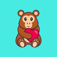 süßer Affe, der ein großes rotes Herz hält. Tierkarikaturkonzept isoliert. kann für T-Shirt, Grußkarte, Einladungskarte oder Maskottchen verwendet werden. flacher Cartoon-Stil vektor